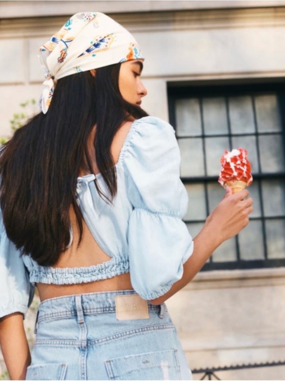 Zara Light Blue Puff-Sleeve Open-Back Crop Top